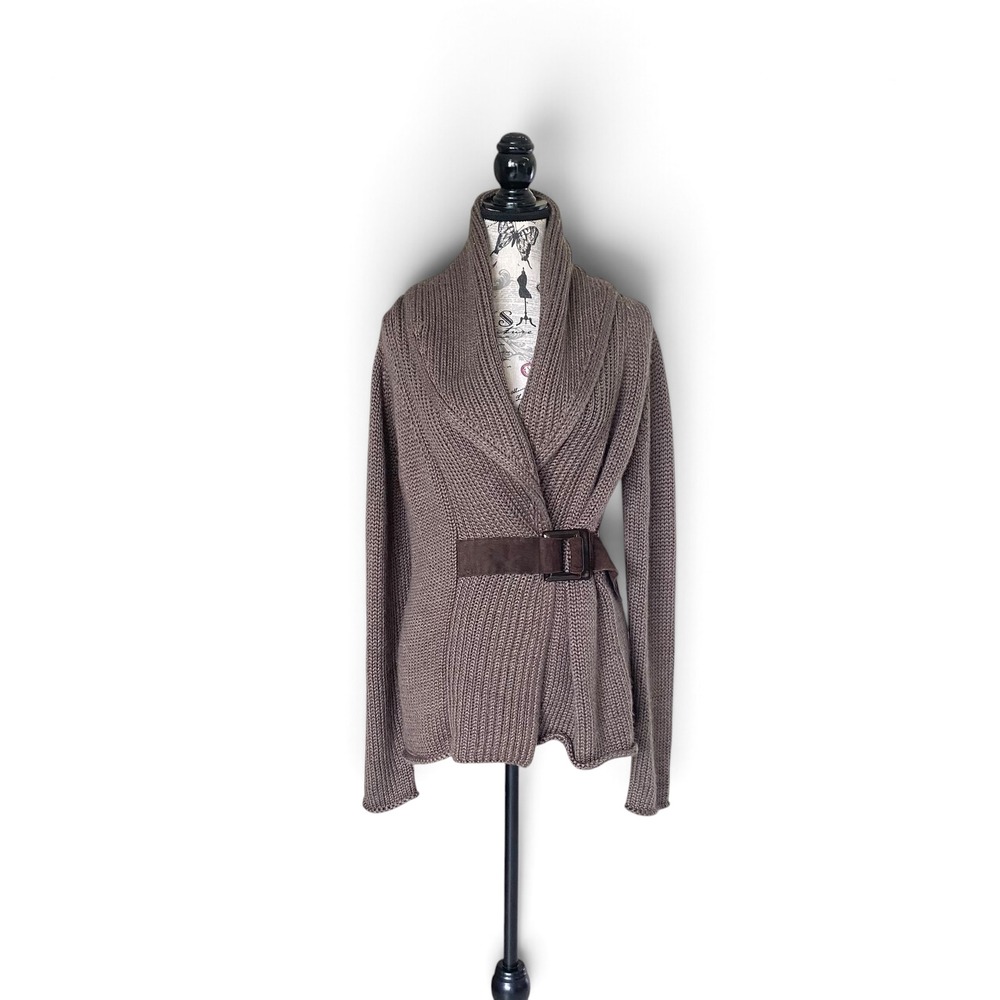 Soft Surroundings Cardigan Womens M Brown Belted Shawl Collar Wool Dark Academia